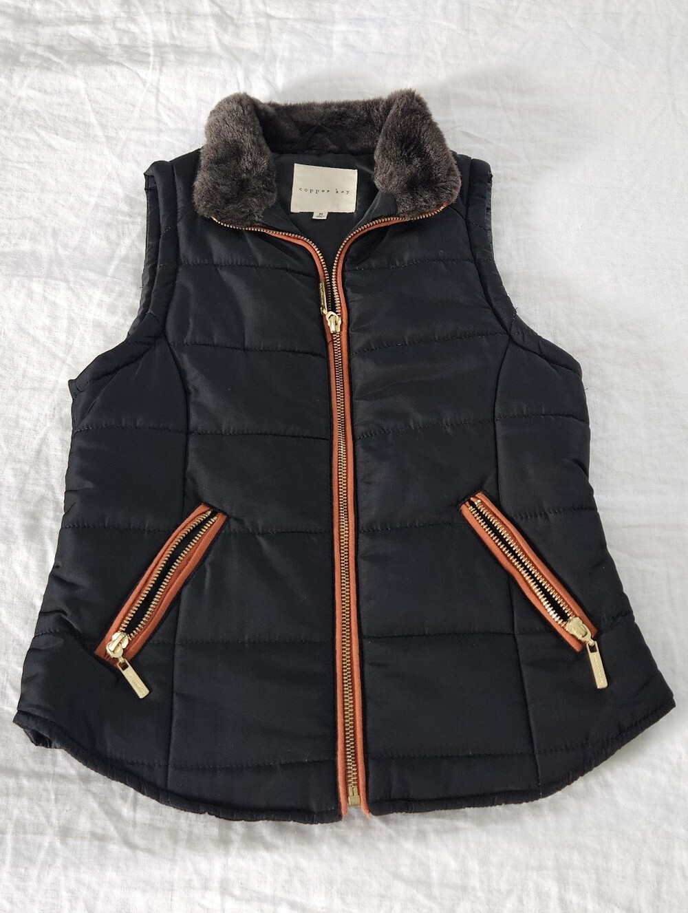 Copper Key Girls Black Puff Vest Faux Fur Puffer Vest Black Brown Gold Medium